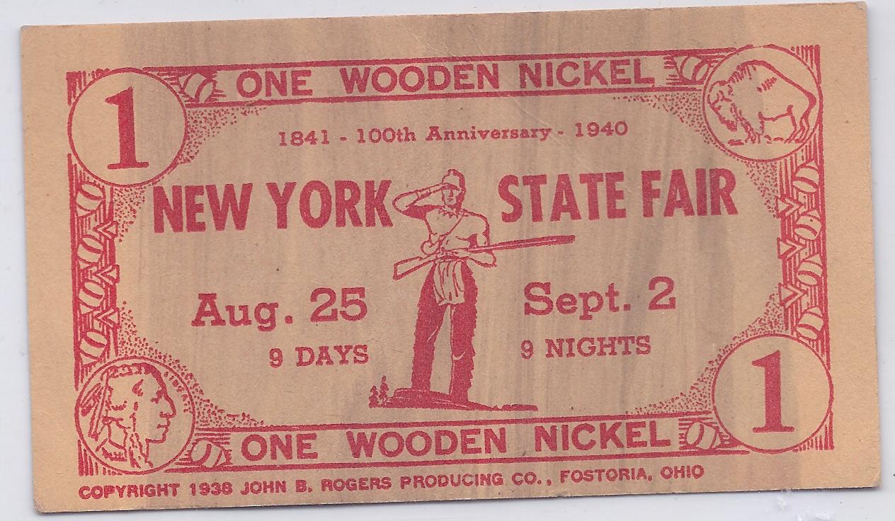 1940 New York State Fair Wooden Nickel Note - Click Image to Close